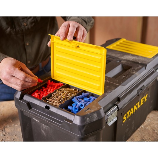 STANLEY STST82976-1 toolbox photography, yellow lid open showing red and blue anchors and screws.