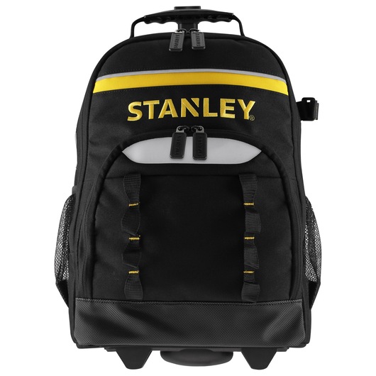 Photo of STANLEY STST83307-1 black rolling backpack with yellow accents, front angle.