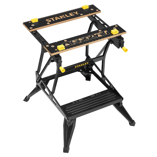 STANLEY STST83400-1 black and yellow portable workbench photo, angled on white background.