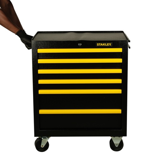 STANLEY STST98182-1 black and yellow rolling tool chest, front view, six drawers, photography.
