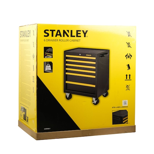 STANLEY STST98182-1 6 drawer roller cabinet packaging on white background, black and yellow design.