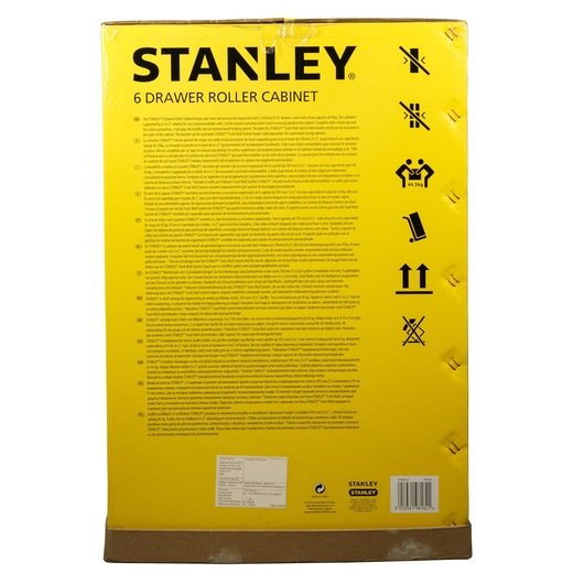 Stanley STST98182-1 6 drawer roller cabinet packaging, yellow box with product information and handling icons, rear angle.