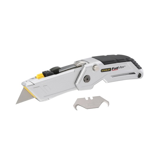 Photo of STANLEY XTHT0-10502 utility knife with silver body, black grip, yellow accents, and extra blade on white background.