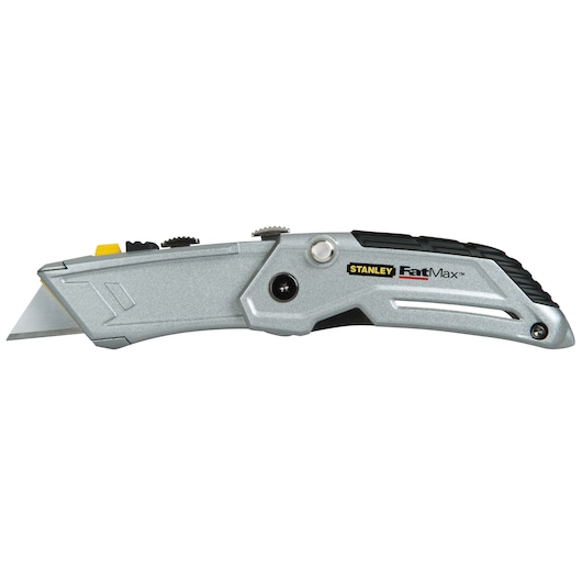 STANLEY XTHT0-10502 folding utility knife, silver with black grip, side angle on white background.