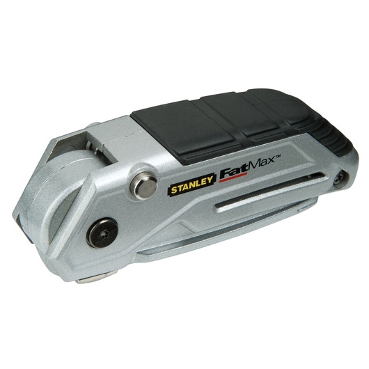 STANLEY XTHT0-10502 utility knife, silver and black, side angle on white background.