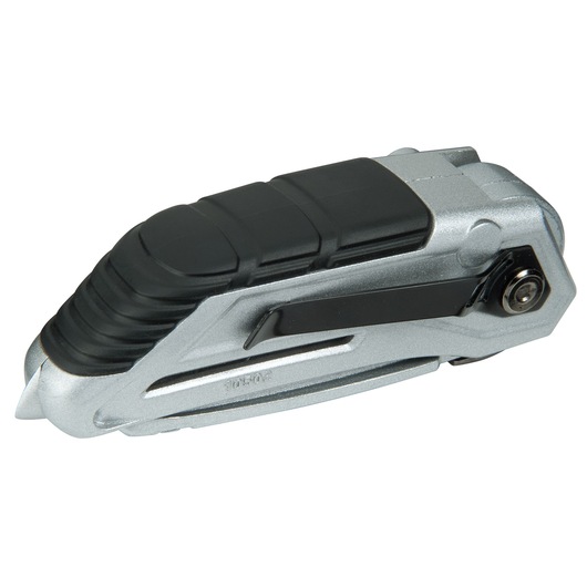 STANLEY XTHT0-10502 folding utility knife, black and silver, side angle on white background.