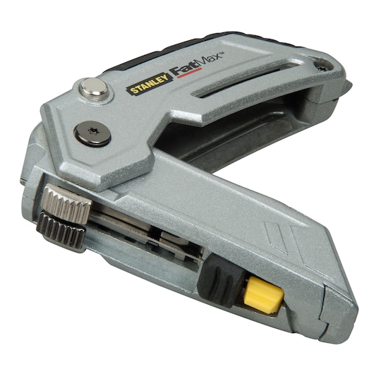 Photo of STANLEY XTHT0-10502 FatMax silver utility knife, angled view on white background.