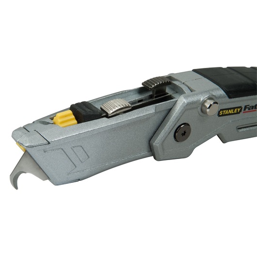 STANLEY XTHT0-10502 utility knife with metallic finish, close-up of blade and locking mechanism, side angle.