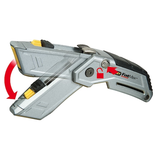 STANLEY XTHT0-10502 utility knife with silver body, yellow buttons, and red arrows showing opening mechanism, side angle.