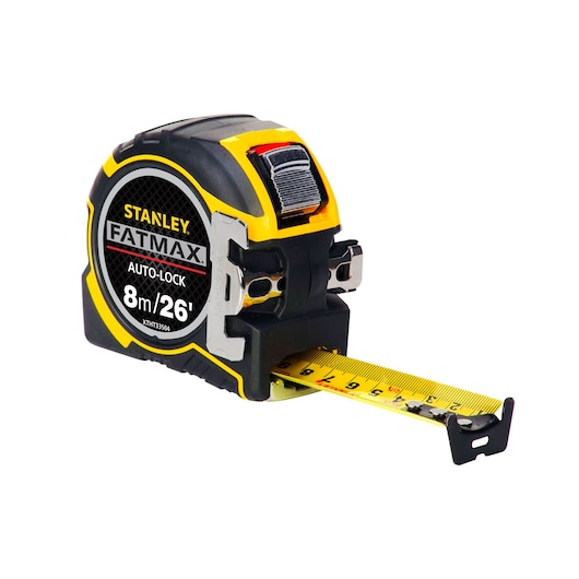 Photo of STANLEY XTHT0-33504 FATMAX 8m/26' auto-lock tape measure, black and yellow, side angle.