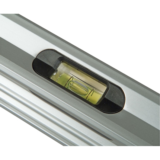 STANLEY XTHT1-42132 spirit level close-up photo showing bubble vial on silver body.