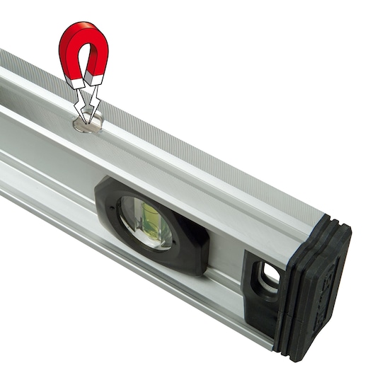 STANLEY XTHT1-42132 spirit level with magnetic feature, side angle, silver body, black end caps.