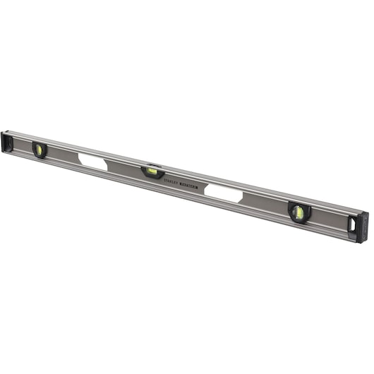 STANLEY XTHT1-42134 aluminum spirit level with three vials, side angle on white background.