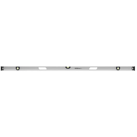 STANLEY XTHT1-42139 spirit level, silver, photography, front angle with three vial indicators and handle slots.