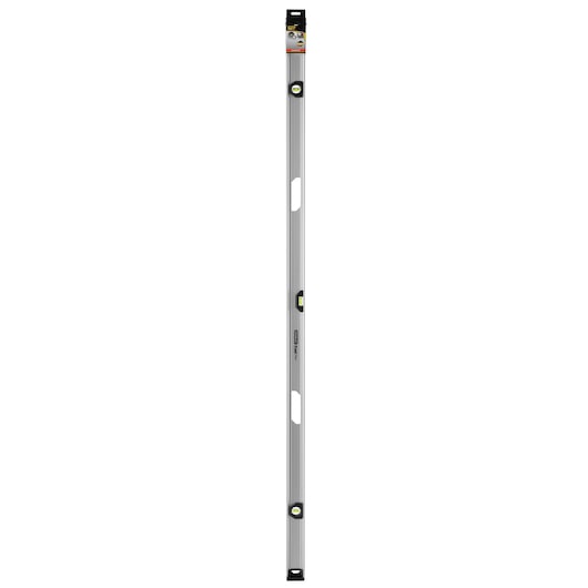 STANLEY XTHT1-42139 aluminum spirit level with three vials, silver, front angle, photography on white background.