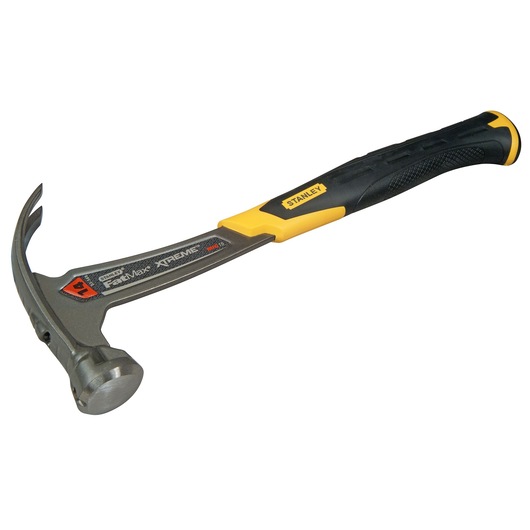 STANLEY XTHT1-51148 claw hammer, black and yellow handle, side angle photo on white background.